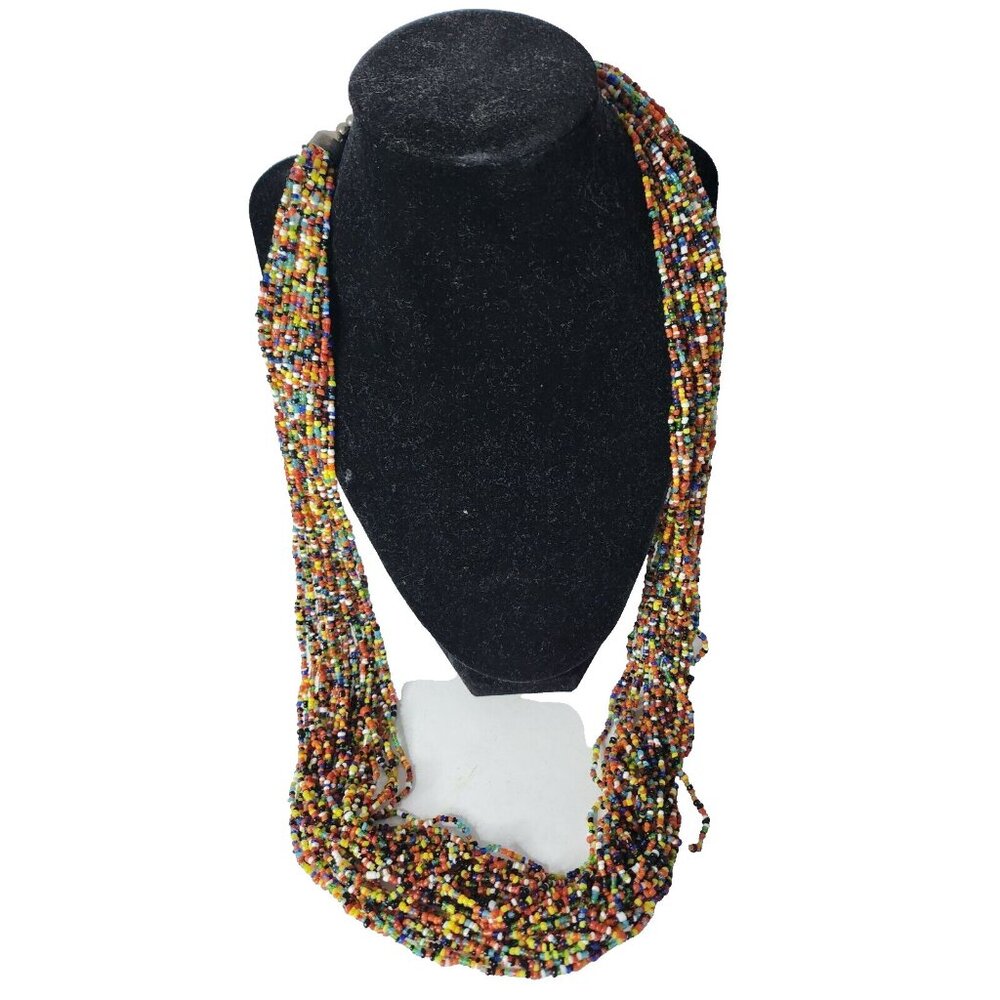 Vintage Multi Strand Seed Glass Beads Colorful BOHO‎ Mosaic Necklace Ethnic